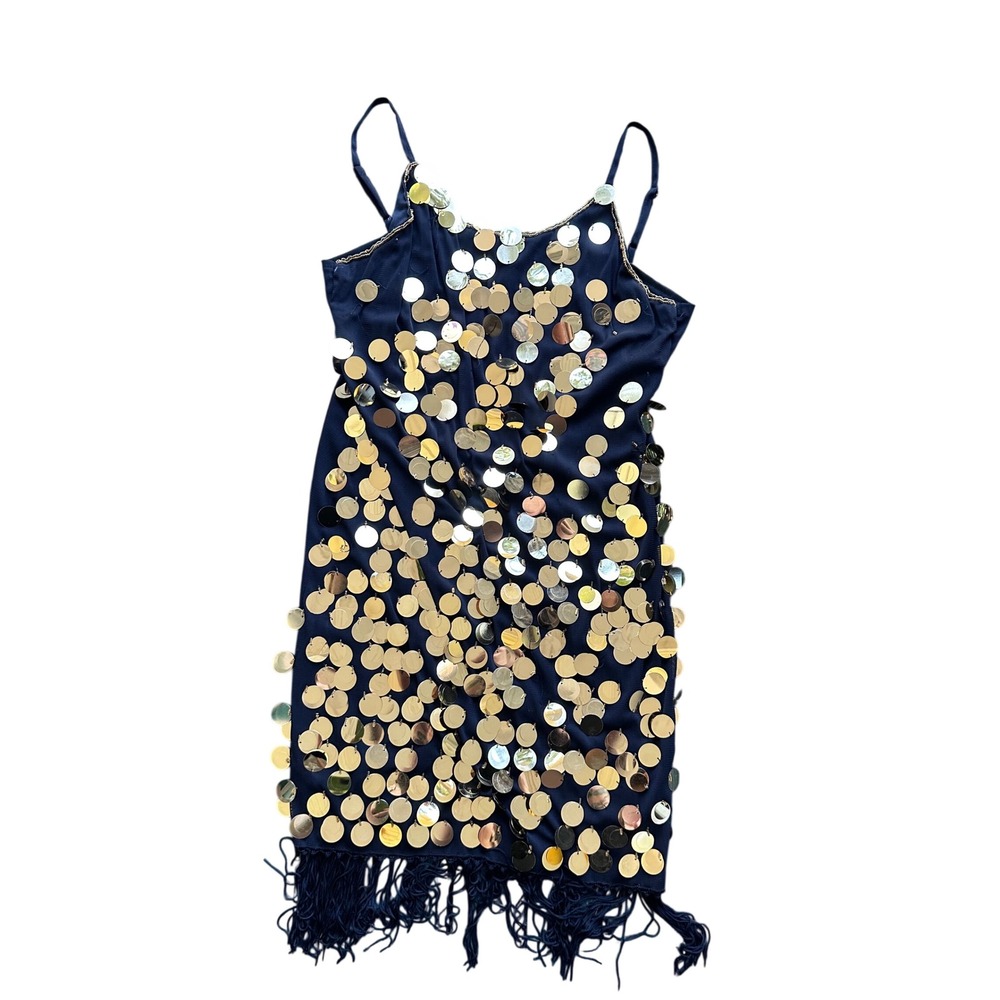 Jerry Beck Black Gold Sequin Flapper Dress Fringe Mini Costume Adult Medium